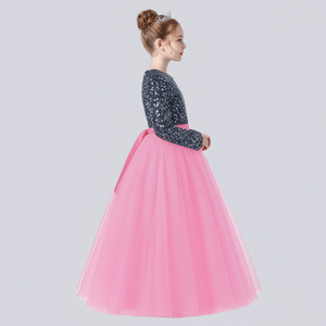 ชุดราตรีเด็กผู้หญิงผ้ากำมะหยี่สีชมพูประดับเลื่อมปักลายสวยงาม พร้อมผ้าตาข่ายเนื้อนุ่ม สไตล์เจ้าหญิง สำหรับงานเลี้ยงตอนเย็น  รับผลิตจำนวนมาก แบบ OEM ODM - Product Image 4