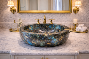 Lavabo de Lujo de Labradorita Ecológico Moderno, Lavabo Redondo de Piedra Preciosa para Encimera con Desagüe de Latón - Product Image 2