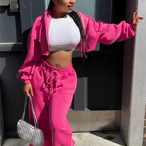 Women's Winter Solid Crop <b>Top</b> Hoodie & Short Jogger Set with Cuffs 100% Cotton Fleece Casual Custom Set - Product Image 2