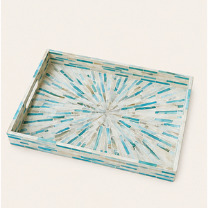Plateau de service rectangulaire de luxe en nacre incrustée, mosaïque turquoise géométrique, pour centre de table basse - Vente en gros - Product Image 5