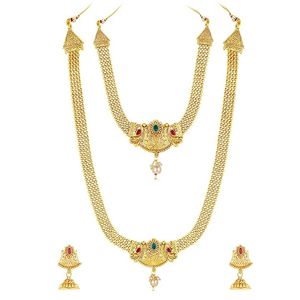 Ensemble collier et boucles d'oreilles en alliage plaqué or 24 carats avec zircon et perles, bijoux de mariage traditionnels pour femmes, forme cloche classique - Product Image 1