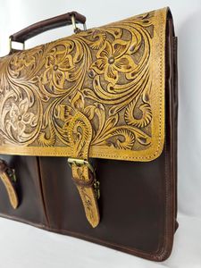 2026 New Western Hand Tool Leather Buck Briefcase <b>Bags</b> Genuine Leather Men Work Daily <b>Crossbody</b> Laptop <b>Bag</b> <b>Large</b> Capacity - Product Image 3