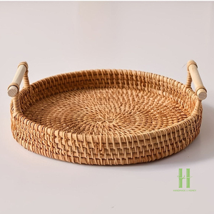 New Design Luxury Vintage Rattan Serving Tray Round Wicker Decorative Tray with Wood <b>Handles</b> for Food, Drinks & Cosmetic Storage - Product Image 6