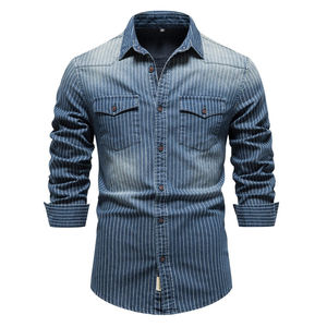 Chemises en jean décontractées pour hommes, coupe droite, double boutonnage, style cow-boy, vêtements professionnels de printemps - Product Image 5