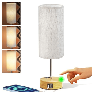 Lampada da Comodino Dimmerabile a 3 Intensità in Lino con Porte di Ricarica USB e AC, Piccola Lampada da Comodino con Controllo Touch - Product Image 1