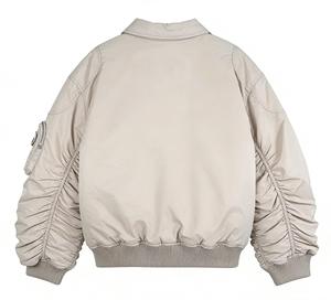 Men's Light Gray Bomber <b>Jacket</b> Turn-down Collar Zipper Closure Casual Solid Color Polyester Material Autumn Wear Regular Fit - Product Image 2