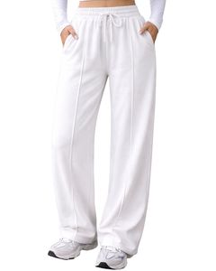 Pantalones Deportivos de Felpa para Mujer, Color Blanco Puro, Pierna Ancha, Cintura Elástica con Cordón, Corte Holgado Informal, Suaves y Cómodos para Estar en Casa - Product Image 1