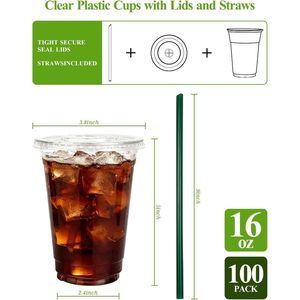 Lot de 100 gobelets jetables transparents de 16 oz avec couvercles et pailles vertes, gobelets pour boissons froides et café glacé, en plastique de qualité alimentaire - Product Image 2