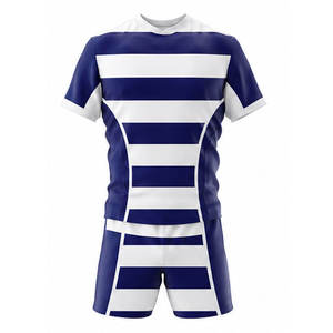 เสื้อกีฬาผู้ชายลายทางสีน้ำเงินและสีขาวพร้อมกางเกงขาสั้น ระบายอากาศได้ดี น้ำหนักเบา โพลีเอสเตอร์ 100% ชุดยูนิฟอร์ม ขนาดผู้ใหญ่ - Product Image 1