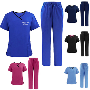 Ensemble d'uniformes médicaux personnalisés OEM en tissu extensible bleu marine pour infirmières et médecins, vente en gros, faible MOQ, tenues de travail pour cliniques et hôpitaux - Product Image 1