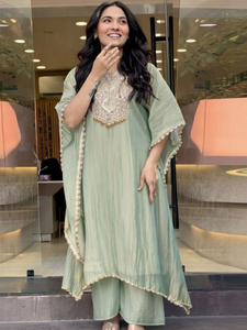 Ensemble Kaftan en Coton Brodé Vert Clair pour Femme, Coupe Classique, Pantalon Traditionnel Longueur Genou, Séchage Rapide, Inde Pakistan - Product Image 4