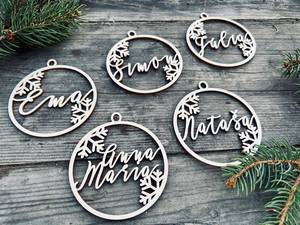 Personalized Wooden Christmas <b>Ornament</b> Laser Cut Circular Name Decor for Holiday <b>Wall</b> Hanging Rustic Style Winter Theme - Product Image 1