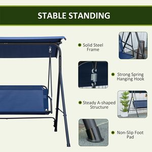 Adjustable Steel <b>Frame</b> 3-Person Porch <b>Swing</b> Bench Canopy Armrests Waterproof Dark Blue for Outdoor Garden Patio Porch Poolside - Product Image 5