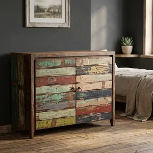 Small Wooden Sideboard <b>Cabinet</b> with Reclaimed Wood Finish <b>Rustic</b> Multicolor Drawers Compact Storage Organizer for Living Room - Product Image 3