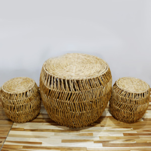 Water Hyacinth Wicker Round <b>Stool</b> Set Natural Rustic Outdoor <b>Garden</b> Furniture Durable Handmade - Product Image 1