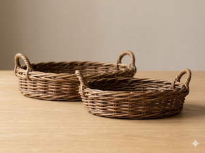 Eco Friendly Handmade Natural Rattan Serving Tray Set Round Woven <b>Wicker</b> <b>Basket</b> With <b>Handles</b> For Home Decor Storage Serving - Product Image 4