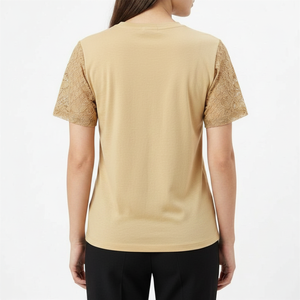 Camiseta de Manga Corta con Cuello Redondo y Mangas de Encaje para Mujer, Color Sólido, Transpirable, Tejida, Informal, para Primavera y Verano - Product Image 2