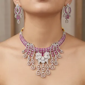 Conjunto de collar clásico de rubí para mujer con detalles de diamantes, chapado en plata, aleación de cobre con circonita, conjuntos de joyería de moda para boda - Product Image 1