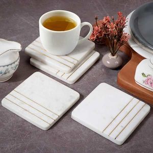 Modern Square Stone <b>Coasters</b> With Gold Lines Non-Slip Mats For Tea Cup <b>Table</b> Decor - Product Image 1