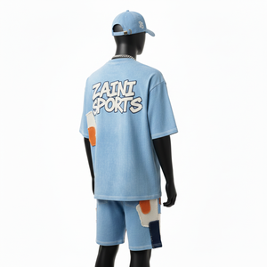 Conjunto de camiseta y pantalones cortos para hombre, algodón jersey premium GSM, lavado ácido, azul, con apliques de chenilla y logotipo personalizado. - Product Image 5