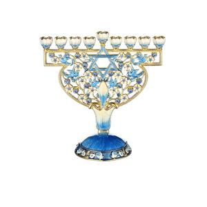 Menorah Pintada a Mano con Diseño de Granada, Adornada con Joyas y Bañada en Oro, con Flores Azules en Mosaico - Product Image 2