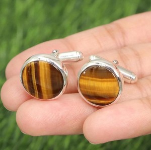 Boutons de manchette œil de tigre en argent sterling 925, boutons de manchette ronds en pierres précieuses pour hommes, cadeau de bijoux formels pour les garçons d'honneur et les mariages - Product Image 4