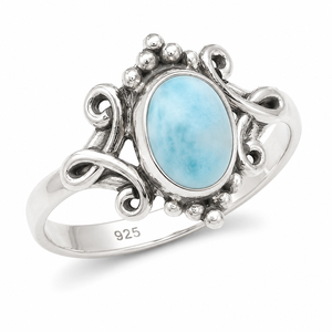 Pure 925 Sterling Silver Oval Blue Larimar <b>Ring</b> Rose & Yellow Gold Plated Handmade Scroll <b>Boho</b> Statement Fine Gift Jewelry Women - Product Image 1