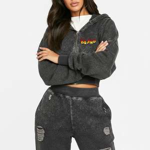 Conjunto de Sudadera con Capucha y Pantalones Deportivos para Mujer, con Logotipo Personalizado, de Algodón, con Cierre, Estilo Vintage, Lavado Ácido, Desgastado - Product Image 3