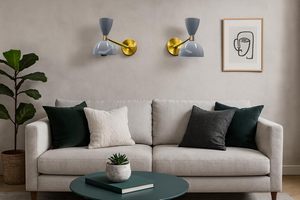 Mid Century Italian Diabolo Sputnik <b>Wall</b> Sconce – Pair of Blue & Brass <b>Plug</b>-in Adjustable <b>Wall</b> <b>Lamps</b> for Home, Bedroom & Living - Product Image 5