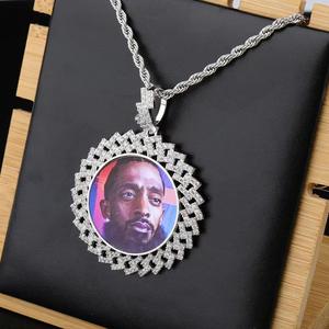 Trendy Hip Hop Gold Plated Copper Lab Diamond Photo Frame Necklace Personalized Photo <b>Memory</b> Circle Pendant Link Dropshipping - Product Image 4