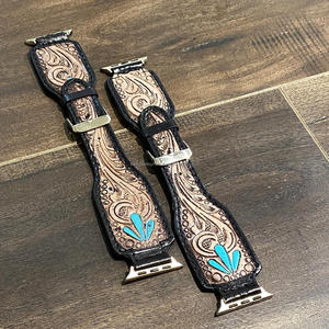 Trendy Vintage Tooled & Painted Leather Beautiful Turquoise Flare Watch Band Accesorios de regalo Reloj inteligente de cuero genuino - Product Image 5