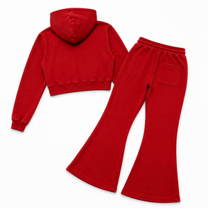 Women Solid Short Cropped Zip Hoodie Flare Sweatpants <b>Set</b> Heavyweight Cotton Fleece Sports Wear Tracksuit Casual Streetwear Two - Product Image 2