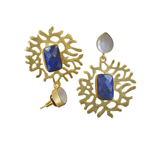 Pendientes colgantes hechos a mano de lapislázuli con madreperla, chapados en oro - Product Image 3