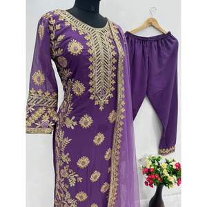 DISEÑADOR GEORGETTE SECUENCIA UN TRABAJO A MANO TOP BOTTOM CON DUPATTA PURPLE - Product Image 2