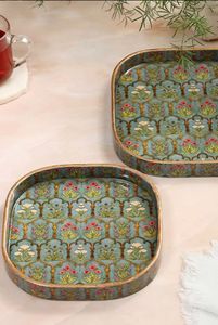 Plateau de service rectangulaire en bois avec motif floral d'oiseaux et de citrons, design vintage - Product Image 2