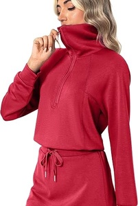 Women <b>Red</b> Knitted Long Sleeve Zip Neck Drawstring Waist Dress - Product Image 2