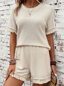 Conjunto de 2 Piezas para Mujer, Top Corto y Pantalones Cortos de Punto, Color Sólido, Cuello Redondo, Manga Corta, Corte Holgado, Informal, para Primavera/Verano - Product Image 6