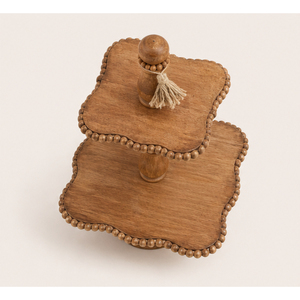 Handcrafted 2 Tier Wood Beaded Tiered <b>Server</b> Farmhouse Decorative Tray for Kitchen Island Decor Boutique Home Styling - Product Image 3