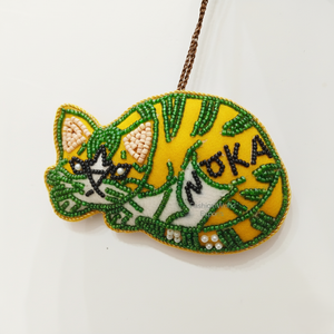 Handcrafted Yellow Cat <b>Beaded</b> Hanging Ornament with Intricate Green and Black Beadwork, Decorative Wall or <b>Door</b> Accent India - Product Image 1
