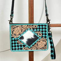 Nouveauté 2025 Sac bandoulière en cuir repoussé à la main, en cuir de vachette, motif à carreaux noir et turquoise, style western, sac à main croisé, pochette de poignet en nylon RFID