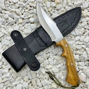 Couteau de chasse Jexa 4116 en acier inoxydable, lame fixe, couteau à dépecer pour le camping, bord partiellement dentelé, manche en bois d'olivier, étui en cuir - Product Image 1