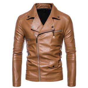 Mens Brown Leather Biker <b>Jacket</b> Factory Slim Fit Turn Down Collar Multi Pocket Zipper Casual Motorcycle Riding <b>Jacket</b> - Product Image 2