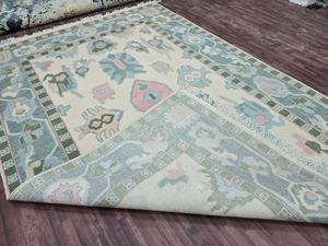 Alfombra de lana anudada a mano, verde pastel con diseño floral, 8x10 y 9x12 pies, estilo Oushak, aspecto vintage hecho a mano para sala de estar, MQ 1 pieza. - Product Image 3
