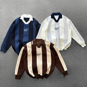 Camiseta Polo de Manga Larga para Hombre con Rayas de Color en Contraste, Corte Holgado, Estilo Fútbol, Tejido de Punto, Logotipo Bordado Personalizado - Product Image 1