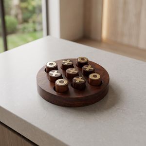 Plateau de jeu XO rond en bois moderne, écologique et de qualité supérieure, fait main, jeu de stratégie familial avec incrustations en laiton, jouet éducatif pour enfants - Product Image 2