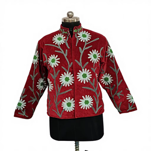 Luxury Red <b>Velvet</b> Women's <b>Jacket</b> with Handmade Floral Embroidery | Boho Style Winter Coat | Premium Kashmiri Aari Work Outerwear - Product Image 1
