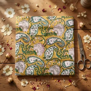 Tissu en coton jaune moutarde respirant et léger de qualité supérieure, orné d'un motif indien traditionnel Paisley et de carreaux floraux - Product Image 6