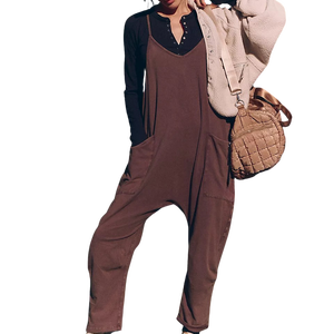 Custom Women's Chocolate Brown Sleeveless V-Neck <b>Jumpsuit</b> Side <b>Pockets</b> Loose Fit Full Length Summer Wear Tracksuit 100% Cotton - Product Image 1