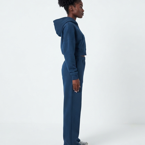 OEM/ODM <b>Women's</b> <b>Navy</b> Blue Hooded Sweatshirt & Sweatpants Set Full Sleeve Loose Fit <b>Fleece</b> Casual Wear With Logo Print All Season - Product Image 2