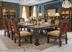 Juego de Muebles de Comedor de Lujo Estilo Castillo, Sillas de Comedor con Hoja de Oro, Juego de Comedor de Madera para 8 Personas, Último Modelo, Venta al Por Mayor, EE. UU. - Product Image 5
